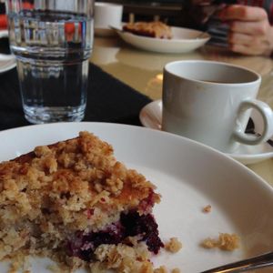 Vegan boysenberry pie and coffee with soy mik. at Cafe Alvar in Jyvaskyla
