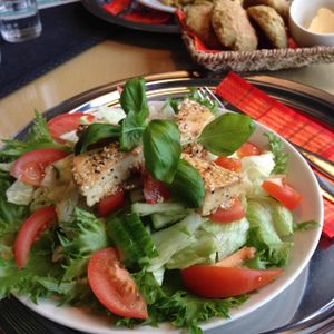 Sesame & ginger marinated tofu salad with lemon oil. at Cafe Alvar in Jyvaskyla