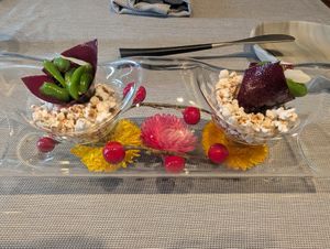 Beet chips with peas and popcorn at O' by Claude Le Tohic in San Francisco