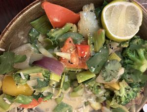 Thai coconut curry (neither Thai, nor curry, jjust cooked vegetables in coconut milk)  at Mykene in Leuven