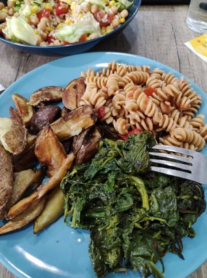 Pasta and potatoes and fresh greens at 'O Grin in Naples