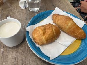 Brioche pastry & chocolate stuffed croissant, soy cappuccino   at 'O Grin in Naples
