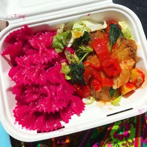 beetroot pasta and seitan in tomato sauce  at 'O Grin in Naples