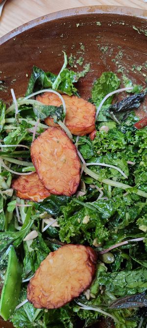 Tiny portion of tempeh for 40k (looks big because the photo is zoomed in but it's not) at Roots Plant-based Cafe - Hẻm 41 Xuan Thuy in Ho Chi Minh City