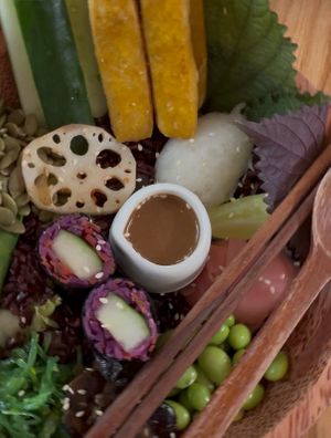 Japanese Macrobiotic Bowl: lotus root. Edamame, grated daikon and ginger pickle,  at Roots Plant-based Cafe - Hẻm 41 Xuan Thuy in Ho Chi Minh City
