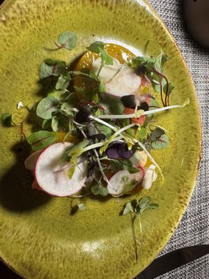 Golden beets cooked in apple cider vinegar, vegan feta, radish, hearts of palm and grapefruit.   at Marmalade in San Juan