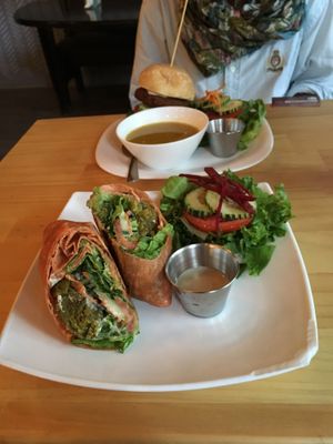 Falafel Hummus wrap with salad and Falafel Burger with soup and salad.  at Mantras - San Pedro in San Pedro