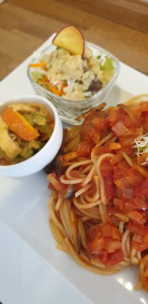 Delicious Pasta with "meatballs" at Vege Cafe Lotus in Toyohashi