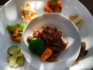 Lunch. Vegetarian Hamburg is made of Tohu, Takakibi,  and Japanese mountain yam. at Vege Cafe Lotus in Toyohashi