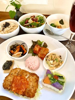 X’mas & End of Year 2019 Special menu  : Fermented cassis soda, Milanese cutlet(freeze-dried tofu),Cashew nut cream white stew, Winter vegetables terrine, and others. at Vege Cafe Lotus in Toyohashi