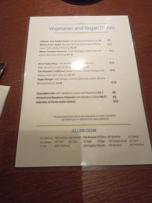 Vegan menu in the hotel bar at Pygmalion Restaurant in Sneem