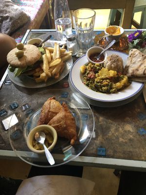 Super vegan sandwich, potato pea curry, and samosas at Krishna Veggie in Buenos Aires