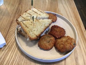 Vegan reuben sandwich and latke tots at Thyme and Tonic in New York City