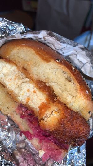 Inside sticky Asian burger   at Thyme and Tonic in New York City