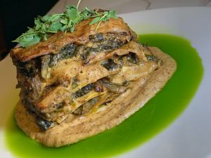 Cashew Cream Lasagna: CCA Greens, CCA Leeks, CCA Asparagus. (Kalamazoo Vegan Chef Challenge 5/26) at WL Social House in Kalamazoo