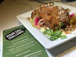 Crispy Zucchini Fritters w/ Thyme Aioli, Crushed Pecans, CCA Watermelon Radishes, CCA Microgreens. (Kalamazoo Vegan Chef Challenge 5/26) at WL Social House in Kalamazoo