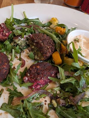 Falafel with different flavors (red and green) at Waves Port Campbell in Port Campbell