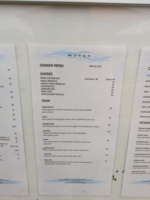 Menu at Waves Port Campbell in Port Campbell