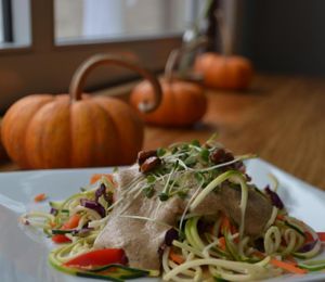 Our Pad Thai is out of this world. Zucchini Noodles topped w/delicious veggies, sweetened almonds in a Thai Almond Sauce. It's Not always on the menu so don't miss out when it is.  at Ezra's Enlightened Cafe in Indianapolis
