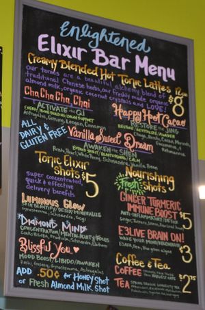 We have a fabulous Elixir Bar. There's a hot tonic latte for everyone, hot organic coffee from Harvest Cafe or try our Spring Dragon tea at Ezra's Enlightened Cafe in Indianapolis
