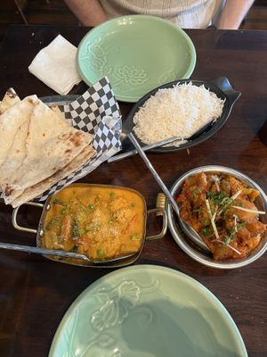 All vegan: Naan, rice, aloo gobi, vegan coconut curry  at Hariyali Express Indian Cuisine & Bar in Vancouver