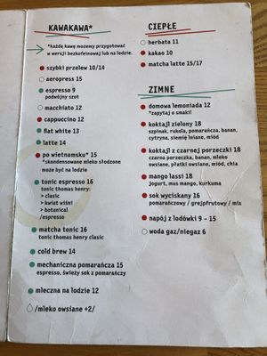 Menu  at Kawiarnia Fawory in Warsaw