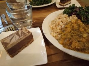 Chickpea curry, kale salad, and Raspberry Please Cake at Mantra Lounge in Carlton
