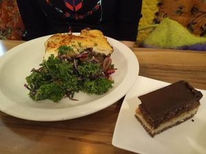 Moussaka, kale salad, and snickers cake at Mantra Lounge in Carlton