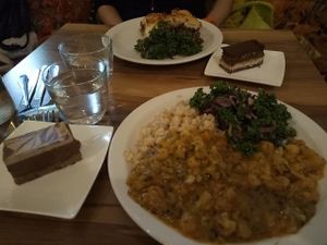 Back: Moussaka, kale salad, and snickers cake
Front: Chickpea curry, kale salad, and Raspberry Please Cake at Mantra Lounge in Carlton