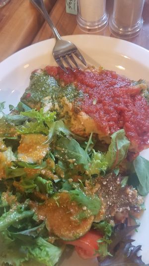 lasagna and garden salad at Mantra Lounge in Carlton