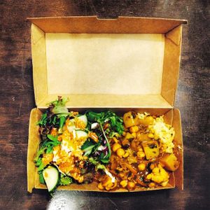 Chickpea Masala in a takeaway box. at Mantra Lounge in Carlton