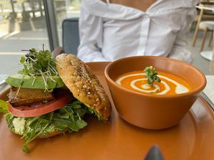 Brunch Bagel + Tomato Soup  at Casa Macro in Monterrey