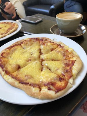 Vegan margarita pizza and a soya hazelnut latte  at The Assembly Rooms in Glastonbury