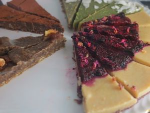 Amazing raw vegan cakes. Toffee, cacao, matcha, very berry. at Charlie's Vegan Food & Coffee in Berlin