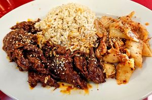 Korean sesame beef with brown rice at Go Vegan in Antioch
