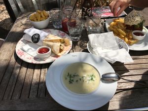 asparagus soup, donair and fish sandwich with fries!! at Elle n' Belle in Zurich