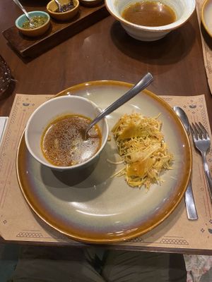 Soup and mango salad  at Burma Burma in Mumbai