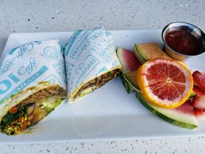 Surprisingly small breakfast burrito. 😔  at JOi Café in Westlake Village