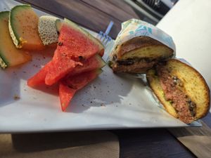 Bland, dry burger with delicious fruit at JOi Café in Westlake Village