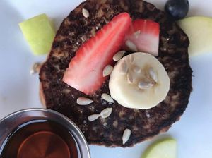 Pancakes with fruit, nuts and syrup.  I can't say enough about these.  They blew me away. at JOi Café in Westlake Village