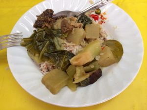 Rice with 2 dishes and mushrooms on top.  at A-Ma in Bangkok