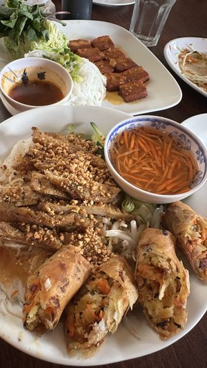 Fresh Rice Noodle with Crispy
Rolls & Vegan Ribs & Roasted Bean
Curd with Fine Rice Vermicelli  at Luong-Loi Restaurant in Wheaton