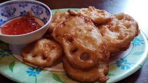 Lotus chips ($13). Not bad, but I wasn't expecting the fried batter coating which makes it heavy. at Luong-Loi Restaurant in Wheaton