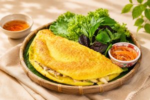 Vietnamese pancake filled with oyster mushrooms, enoki mushrooms, beech mushrooms, shiitake mushrooms, mung beans, jicama, and bean sprouts at Luong-Loi Restaurant in Wheaton