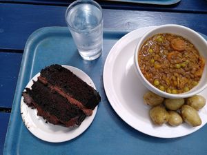 Casserole, garlic potatoes and chocolate cake at Rainbows End Cafe in Glastonbury
