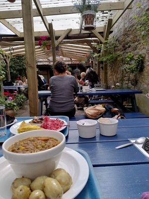 The garden area at Rainbows End Cafe in Glastonbury