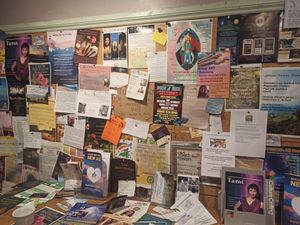 Notice board at Rainbows End Cafe in Glastonbury
