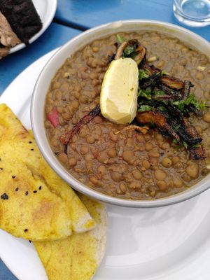 Three lentil dhal (October 2024) at Rainbows End Cafe in Glastonbury