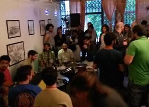 While waiting for food, a lovely band played some music. it was a great vibe. at Espaco Compasso in Porto