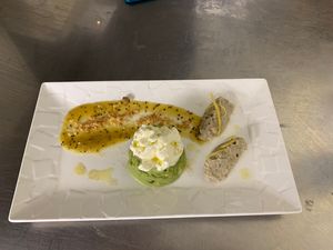 Artichoke and licorice mouss, guacamole and lime mouss ,mash kiwi and anis vanilla oil olive  at La Petite Marche in Dijon